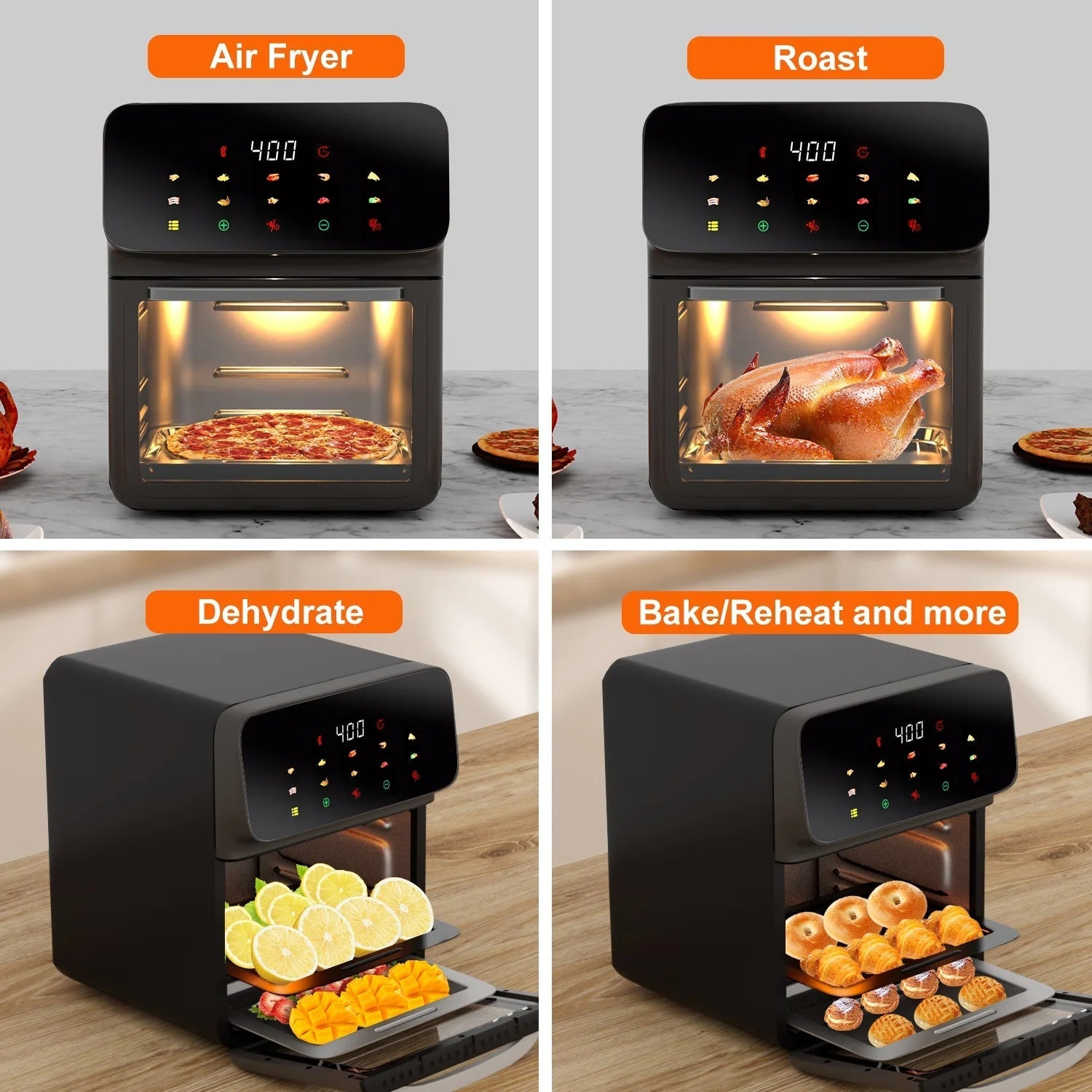 12QT Air Fryer Convection Oven with 10-in-1 Functionality, Touchscreen Control, and Visible Window - Black