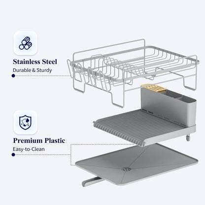 Large Dish Drying Rack - Extendable Dish Rack, Multifunctional Dish Rack for Kitchen Counter, Anti-Rust Drying Dish Rack with Cutlery & Cup Holders 19.2"-26.7" L X 12.9" W, Grey