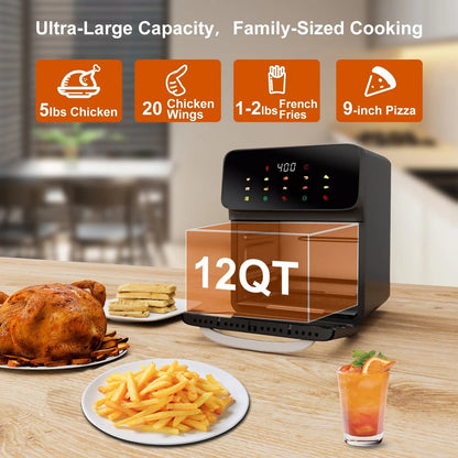 12QT Air Fryer Convection Oven with 10-in-1 Functionality, Touchscreen Control, and Visible Window - Black