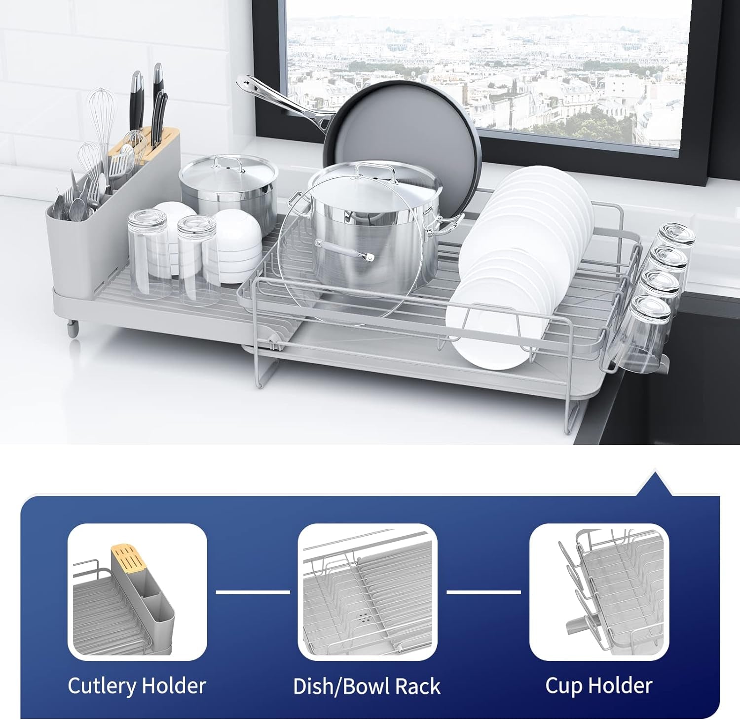 Large Dish Drying Rack - Extendable Dish Rack, Multifunctional Dish Rack for Kitchen Counter, Anti-Rust Drying Dish Rack with Cutlery & Cup Holders 19.2"-26.7" L X 12.9" W, Grey