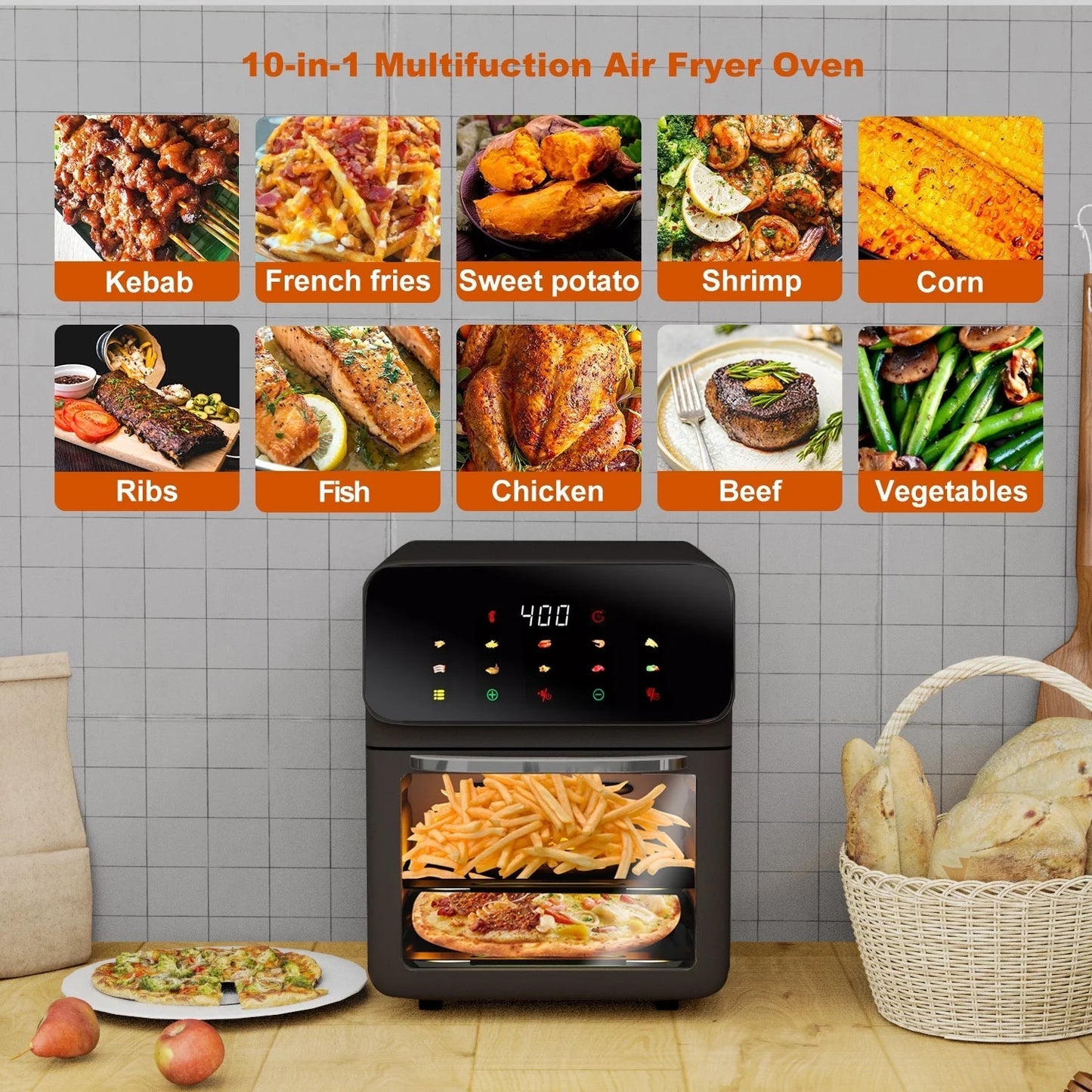 12QT Air Fryer Convection Oven with 10-in-1 Functionality, Touchscreen Control, and Visible Window - Black