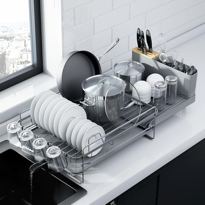 Large Dish Drying Rack - Extendable Dish Rack, Multifunctional Dish Rack for Kitchen Counter, Anti-Rust Drying Dish Rack with Cutlery & Cup Holders 19.2"-26.7" L X 12.9" W, Grey