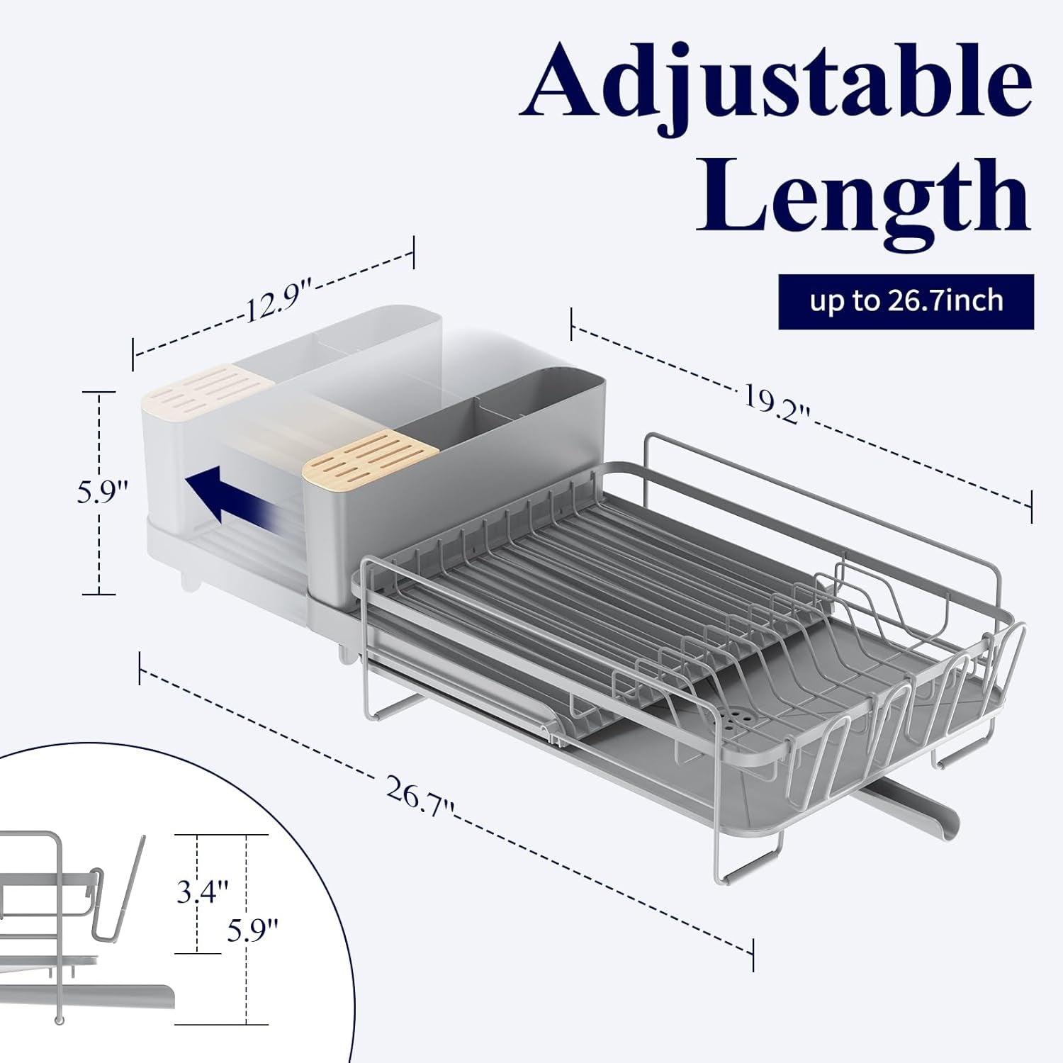 Large Dish Drying Rack - Extendable Dish Rack, Multifunctional Dish Rack for Kitchen Counter, Anti-Rust Drying Dish Rack with Cutlery & Cup Holders 19.2"-26.7" L X 12.9" W, Grey